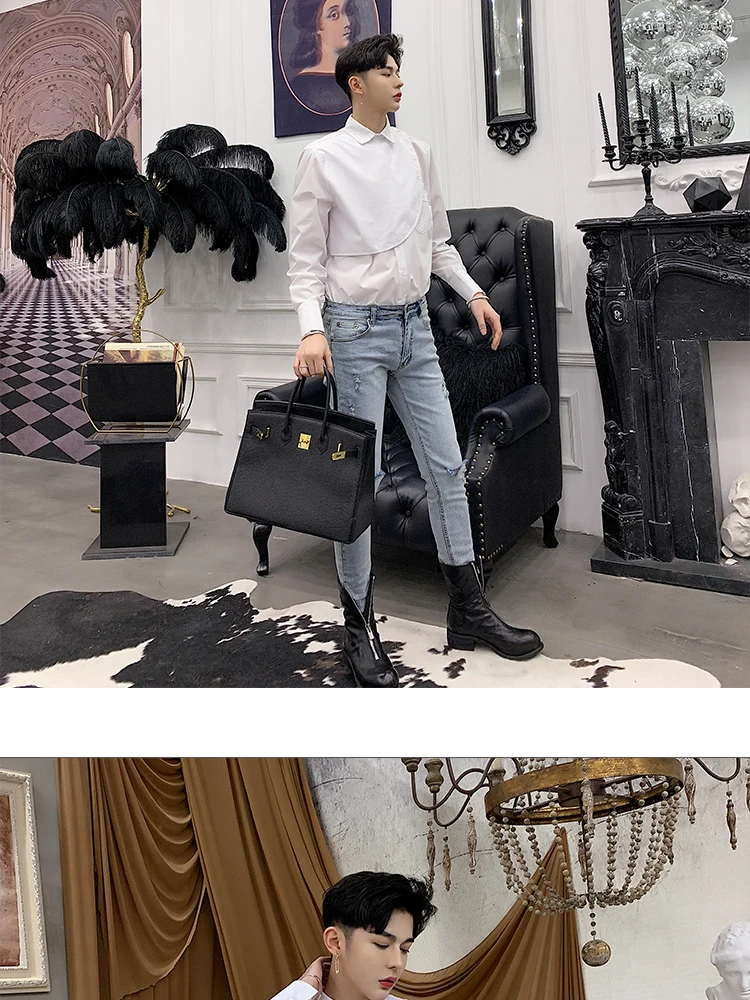 Для мужчин с длинным рукавом Повседневная рубашка мужской Slim Fit платье уличная хип хоп сценические костюмы черный, белый цвет