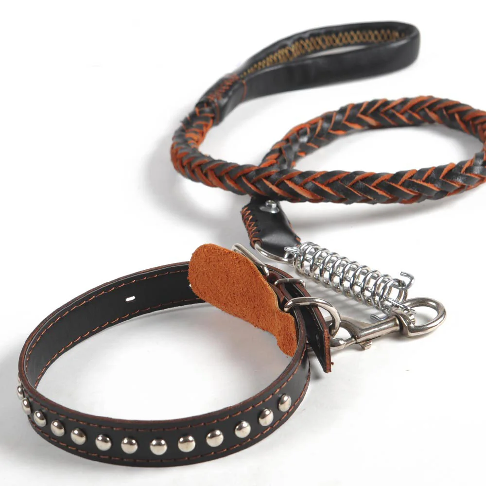 Large dog chain leash leather collar lead for M/L dogs pet supplies | Дом и сад