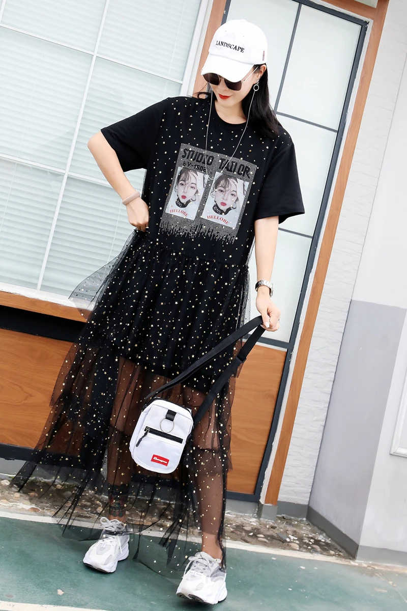 European station tide brand niche print sequin mesh stitching short-sleeved T-shirt female fashion fairy cake skirt summer | Женская