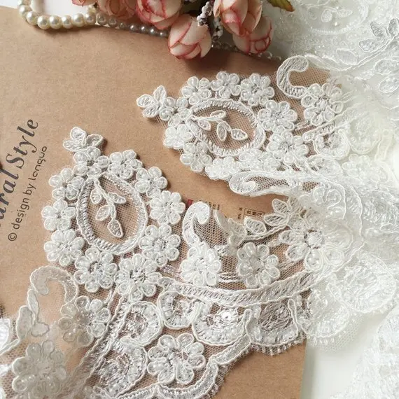 2 Yards/lot Pearl Beaded Alencon Lace Trim in Ivory for Wedding Veil, Bridal Gown Straps , Haute Couture Accessories 14 cm Wide