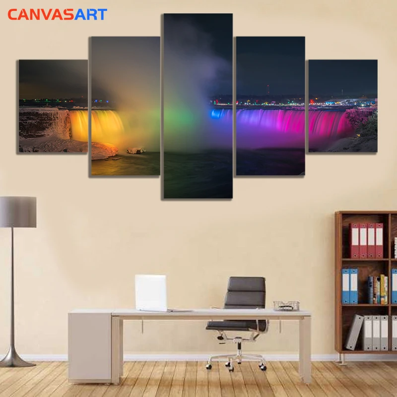 Холст искусство 5 шт. картины Ниагара Фолс Радужный водопад на ночь для гостиной