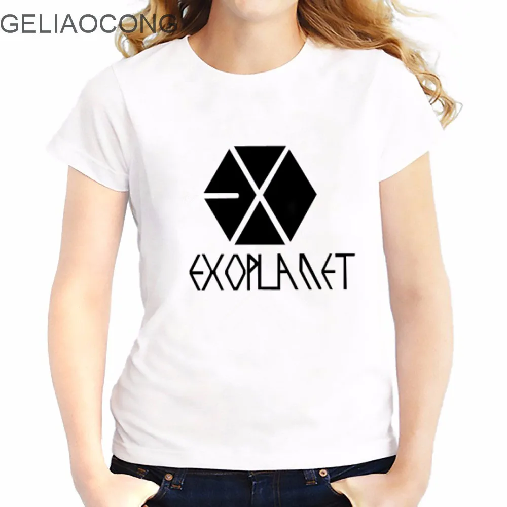 Geliaocong Лето 2017 г. EXO Письмо печати футболка Для женщин Harajuku О-образным вырезом