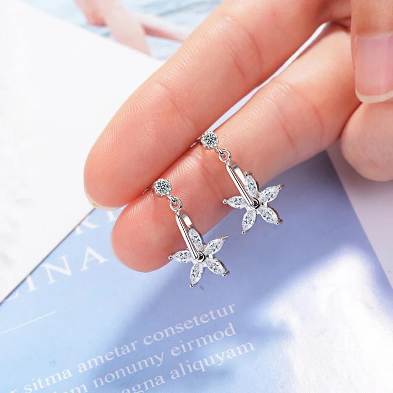 KOFSAC New Shining Zircon Rotate Flower Earring For Women Jewelry Charm 925 Silver Stud Lady Valentine's Day Accessories | Украшения и