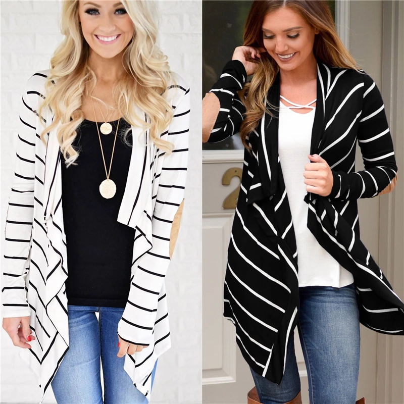 Casual Elbow Patchwork Knitted Sweater Fashion 2018 Autumn Winter Outerwear Women Long Sleeve Striped Printed Cardigan WLD338 |
