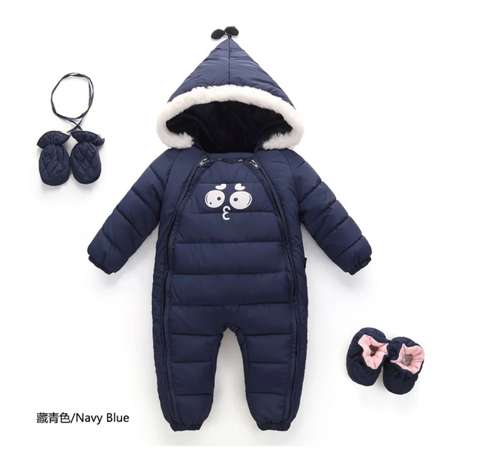 Navy Blue Комбинезоны для новорожденных девочек и мальчиков, зимний теплый комбинезон с капюшоном для малышей, детская верхняя одежда, зимний комбинезон для маленьких мальчиков, Плотная хлопковая одежда - Цвет: Navy Blue