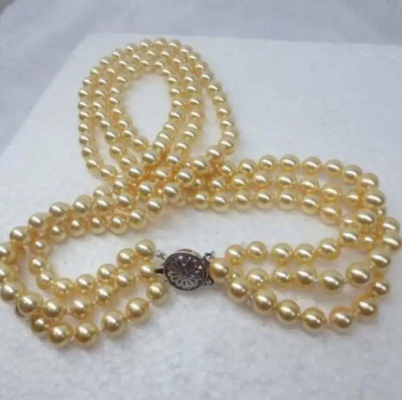 

NEW 8mm 3row yellow perfect round sea shell pearl necklace 17"-18"-19"