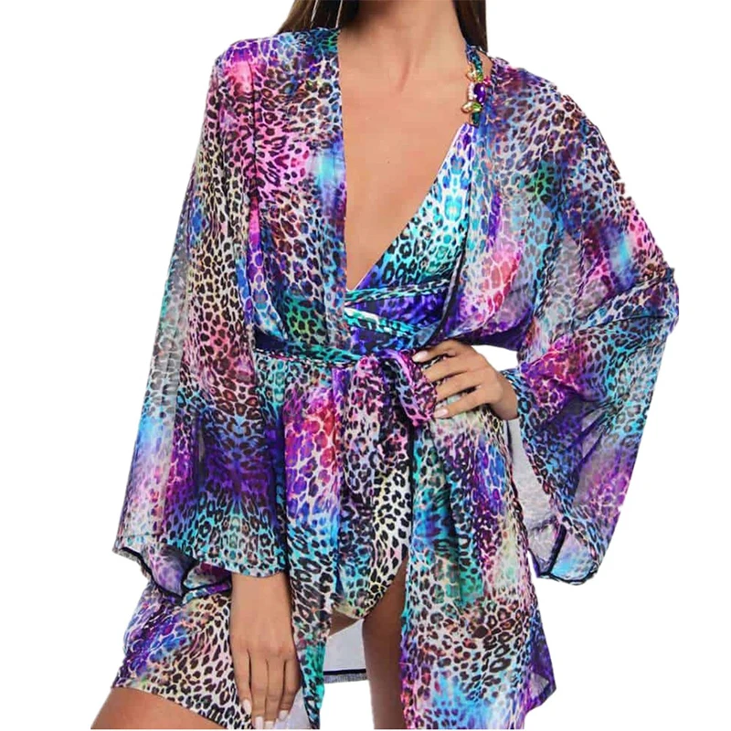 Туника бикини с леопардовым принтом длинное пляжное платье кафтан глубоким