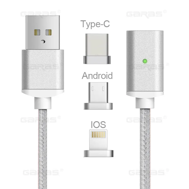 GARAS usb type C/Micro USB/для iphone Магнитный кабель USB-C/type-C быстрое зарядное устройство магнитный кабель для iphone/ipad кабель для мобильного телефона - Цвет: silver 3in1
