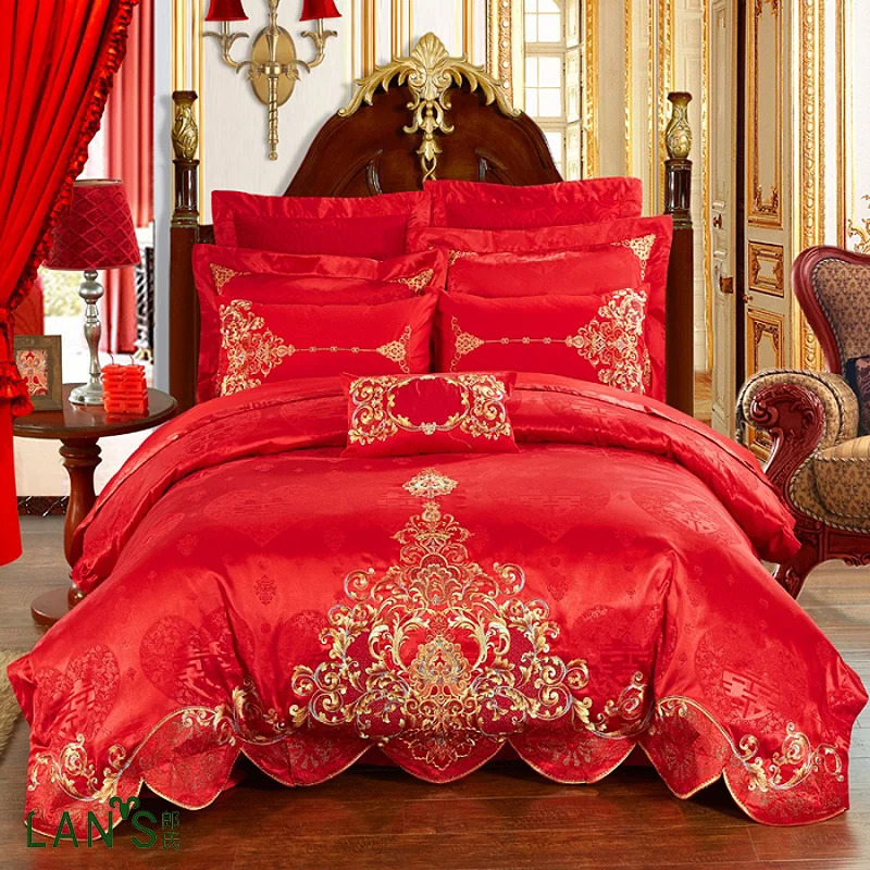 2016 Sparkle Luxury Embroidery 4pcs Bedding Sets Jacquard Satin Red Wedding Duvet Cover Bed Sheet Pillowcases 100%cotton AO07 | Дом и сад