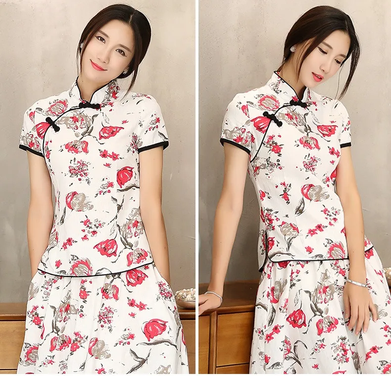 Шанхай история Мандарин воротник женская Qipao рубашка Китайский Топ короткий рукав cheongsam Топ Традиционный китайский льняная блузка