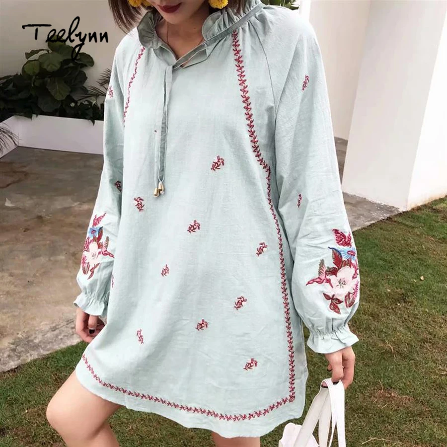 TEELYNN boho блузка шикарный фонарь с длинным рукавом хлопковая цветочной вышивкой О