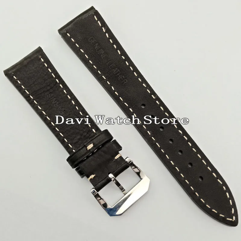 22 мм черная кожа простые мужские часы ремешок Сталь Серебряная Пряжка A816|Ремешки