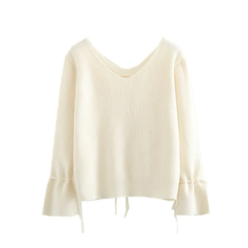 Autumn New Pure Color V-neck Pullover Sweater Women Casual Knitwear Lace Up Flare Sleeve Knitted Chandail Femme Top Coat | Женская