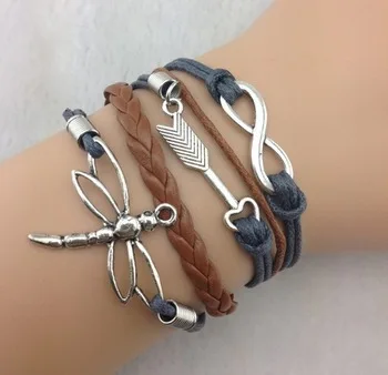 1 шт. Multi Strand Бесконечность стрелка и стрекоза браслет тесьма кожа старинное