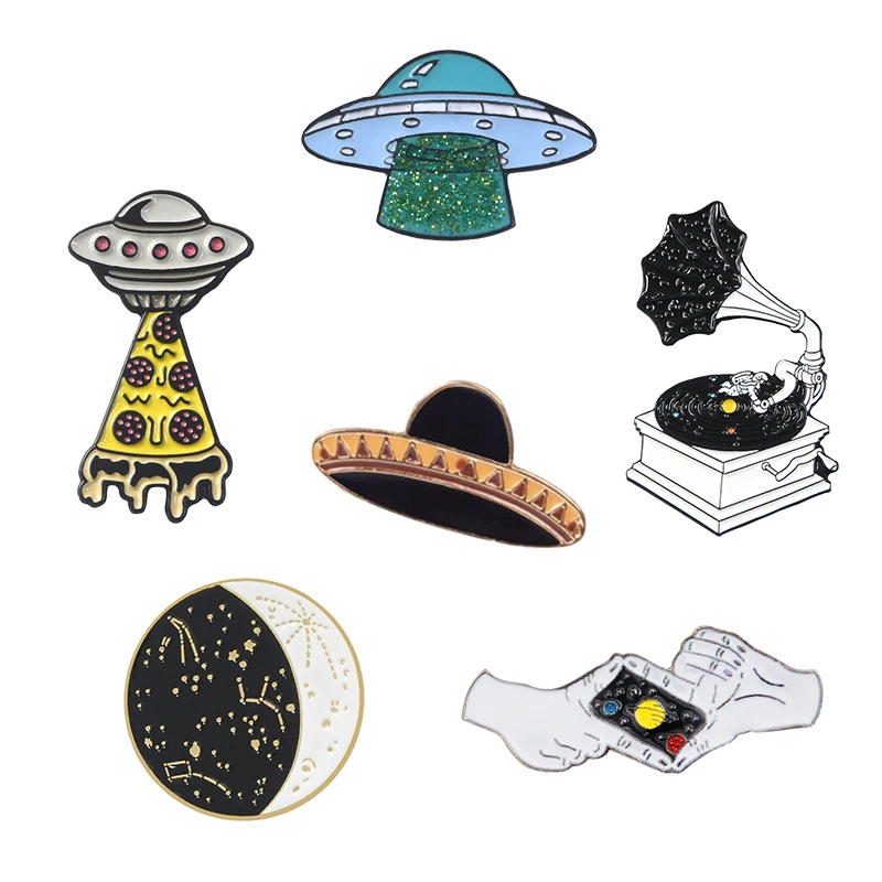 

Universe Collection Enamel Pin Cartoon UFO Starry Moon Phonograph Galaxy Space Brooch Lapel Pins Metal Badge Gift for Kid Friend