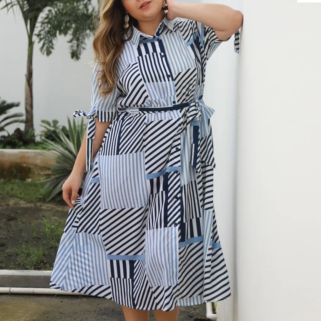 Womail XL-4XL, женское богемное платье размера плюс, Vestidos, свободное, с пятью рукавами, в полоску, с принтом, с высокой талией, по колено, платье JL19 Vestidos