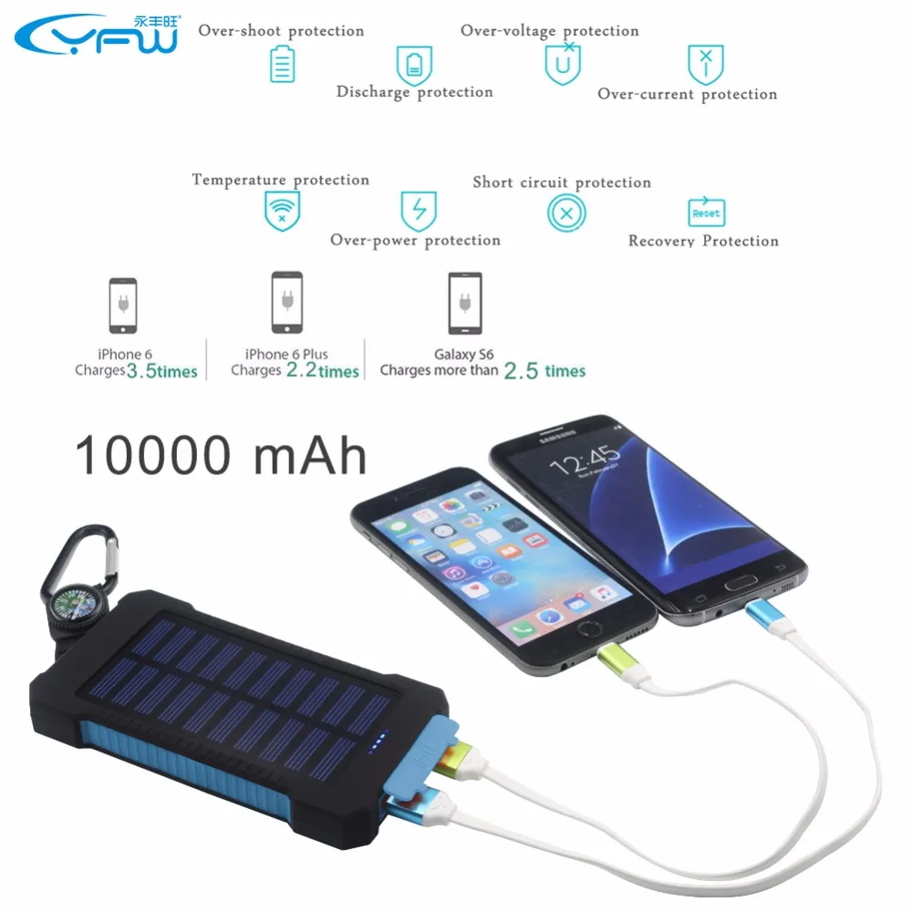 YFW 2016 водостойкий солнечный power Bank 10000 мАч Dual USB портативное солнечное зарядное