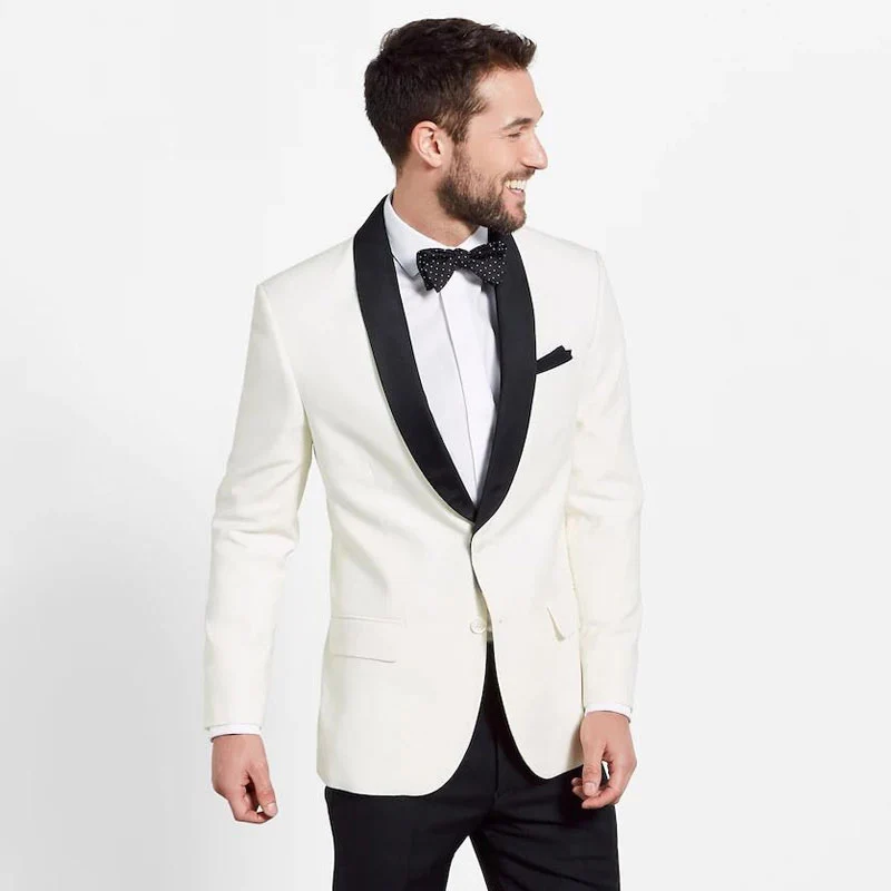 

Ivory Men Suits for Wedding Men Suits Black Pants Shawl Lapel Custom Made Best Man Blazers Jacket 2 Piece Slim Fit Groom Tuxedo
