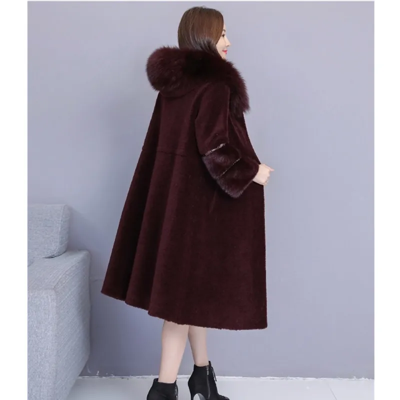 Purple red UHYTGF зимнее пальто из искусственного меха для женщин овечья стрижка тонкое пальто роскошная норковая шерсть теплая верхняя одежда из искусственного лисьего меха с капюшоном меховое пальто 951 - Цвет: Purple red