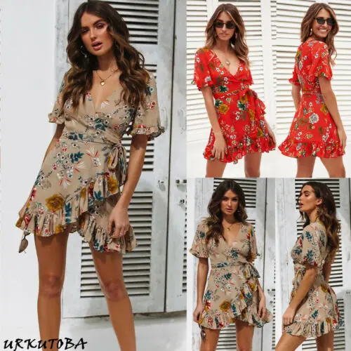 Женское мини платье с высокой талией и цветочным принтом летнее оборками v