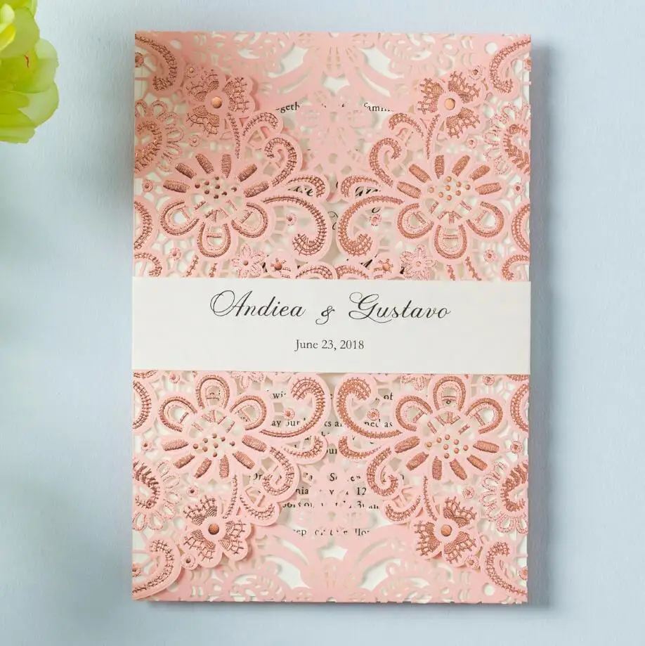 

WISHMADE Pink Laser Cut Floral Lace Wedding Invitation Cards with Belts Sleeve Embossed Design Invites Card for Party Supplies