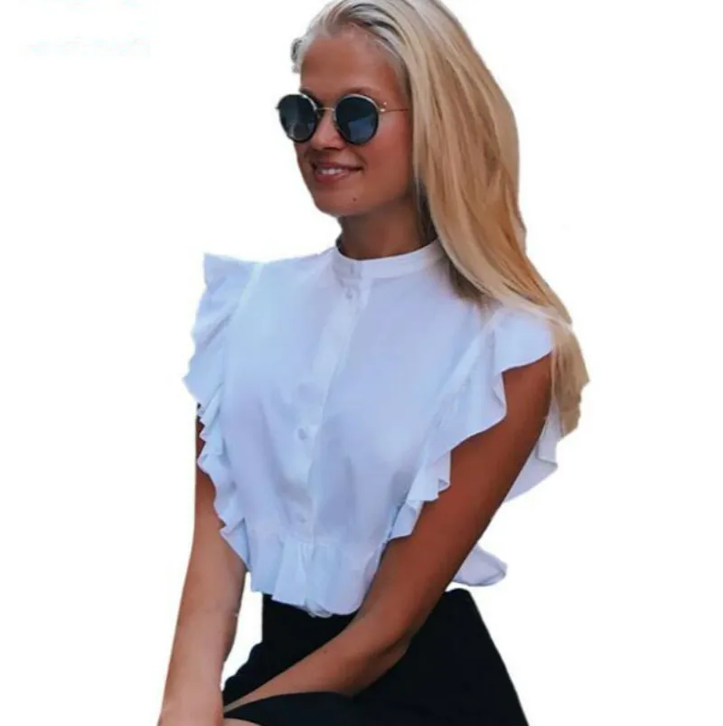 Summer Sleeveless White Tunic Blouses For Women Ruffled Button Panty shortened Tops Shirts Short Sleeve Women's Office Fas | Женская