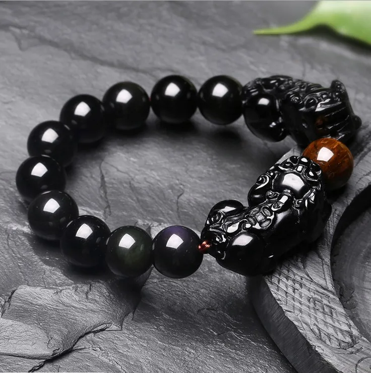 Natural Black Obsidian Beads Bracelet Tiger Eye Stone Jewelry PIXIU Lucky Brave Men Drop Shipping | Украшения и аксессуары