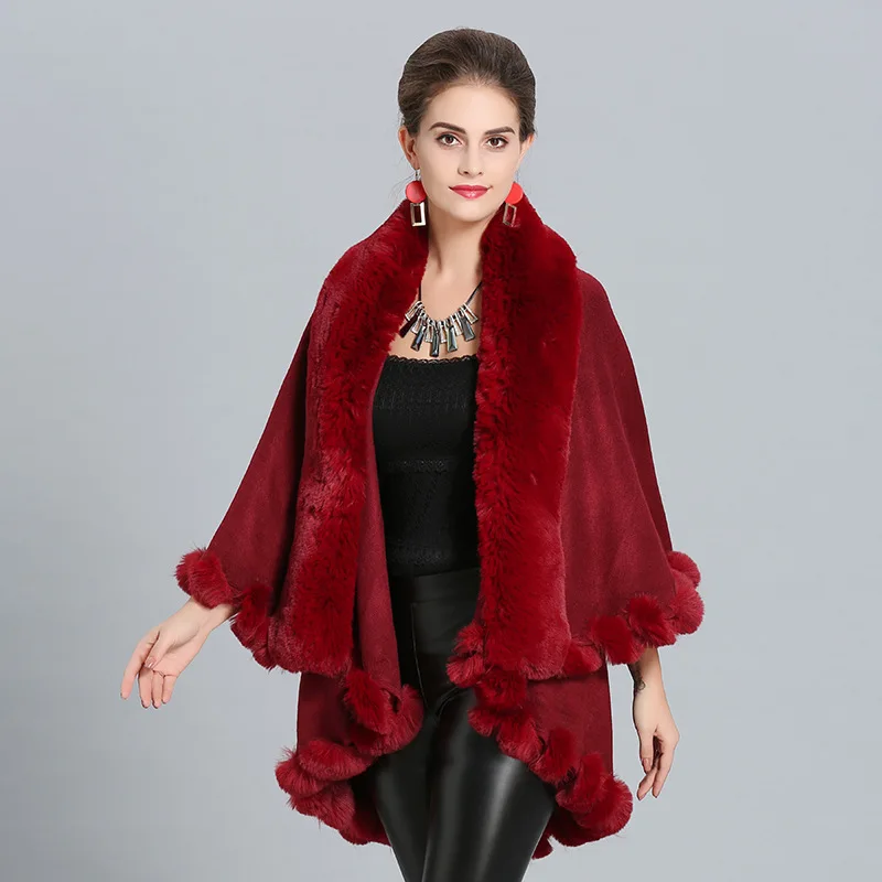 wine red Элегантное пальто из искусственного лисьего меха, женская красная теплая мягкая куртка, кардиган, плотное пальто, короткая верхняя одежда, пончо и накидки - Цвет: wine red
