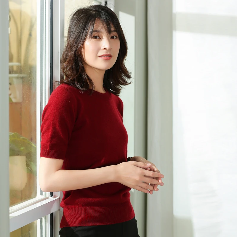 

MVLYFLRT Summer New O-Neck Cashmere Sweater Female Solid Color Pullover Half-Sleeve Sweater Short-Sleeved Wool Knit Bottoming