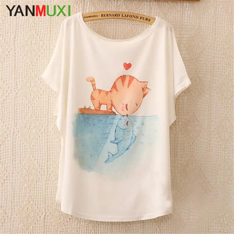 New 2017 summer T shirt women style thin plus size loose batwing sleeve women's T-shirt cat kiss Fish print Top Tees | Женская