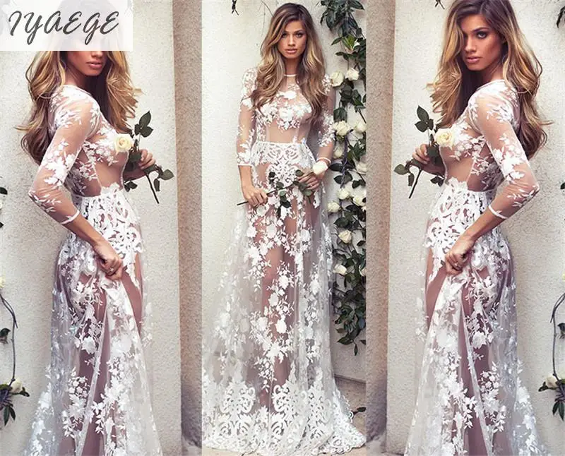 Женское кружевное платье Белое Прозрачное с цветочным принтом и О образным