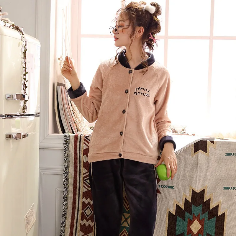 JINUO New Arrival Winter Young Couples Flannel Thicken Pajama Sets Lovers Casual Warm Soft Baseball Home Wear Sleepwear Set | Мать и