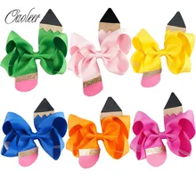 6 pcs Handmade 4.5 "Lápis de Volta para a Escola Lápis Boutique Laço de Cabelo Com Clip Para Meninas Hairpin Preschool Graduação acessórios (3)