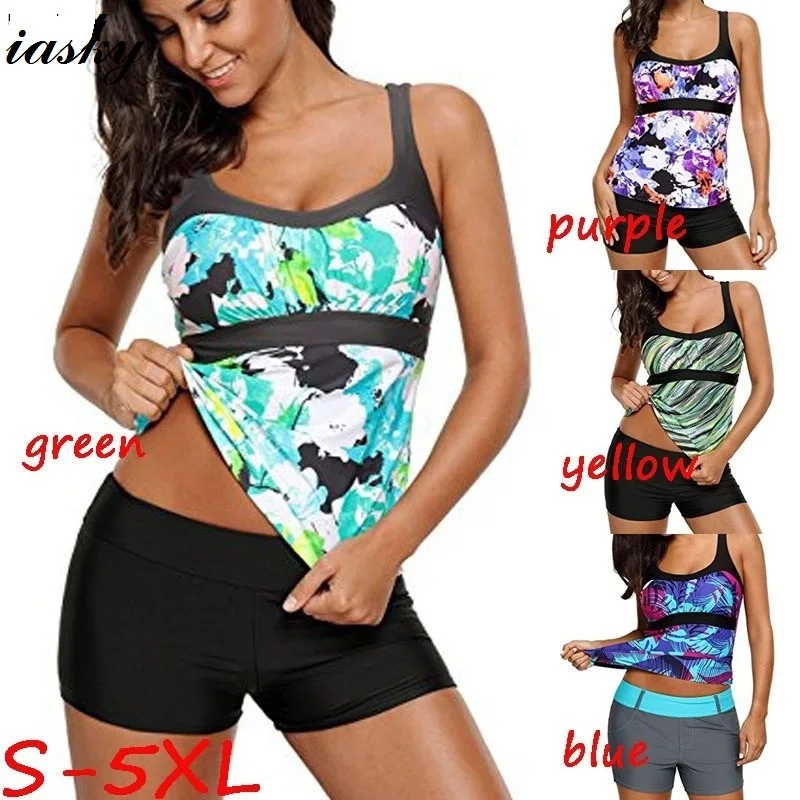 

IASKY Tankini Sets With shorts 2018 Summer Women Two Pieces Swimwear Retro Print Bathing Suits Swimsuits Plus Size S--5XL