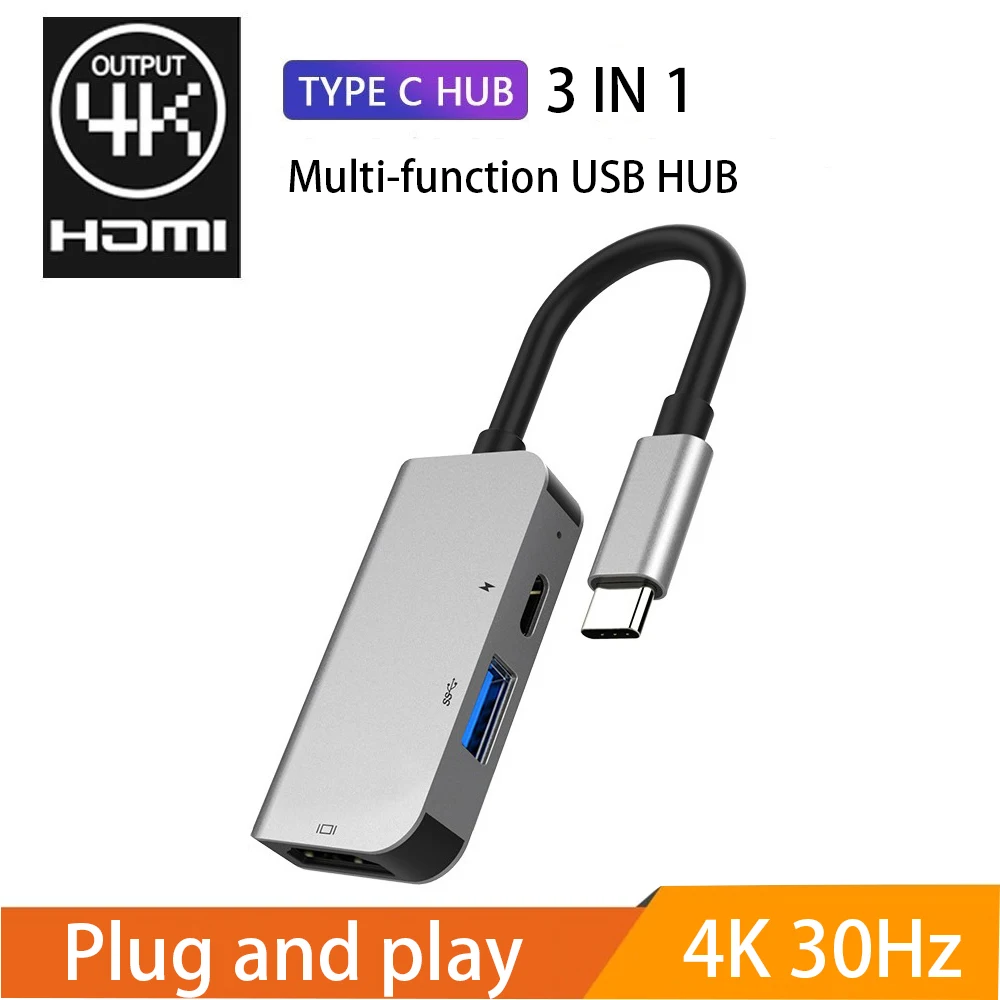 3 в 1 USB C Type к HDMI 4K адаптер док станция USB3.0 PD Быстрая зарядка концентратор Thunderbolt для
