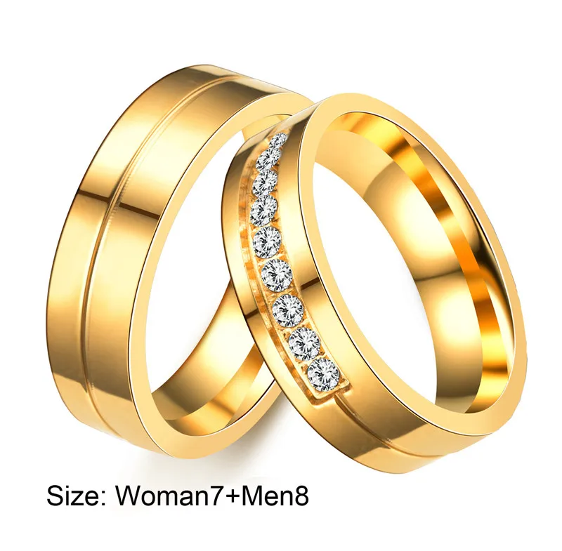 Woman7 Men8 Soul для мужчин 1 пара Lover's золотые обручальные кольца с 9 CZ для женщин 6 мм простое обручальное кольцо набор для мужчин Alliance in Brasil - Цвет основного камня: Woman7 Men8