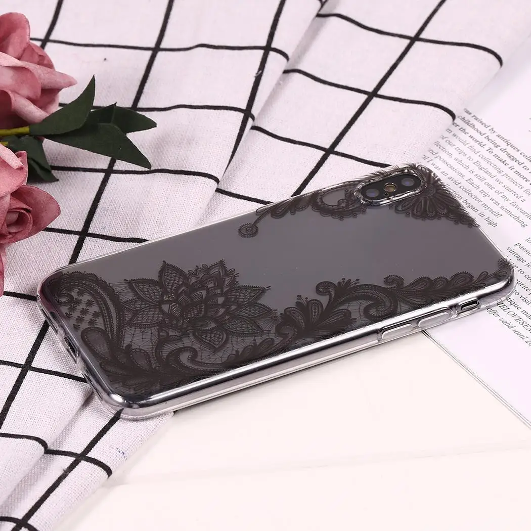 Мягкий ТПУ черный кружевной прозрачный защитный чехол пыленепроницаемый