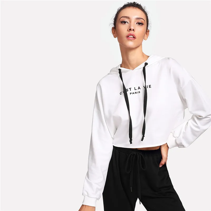 SweatyRocks белая укороченная толстовка с заниженным плечом, женские повседневные пуловеры с буквенным принтом и длинным рукавом, толстовка, Осенний Топ