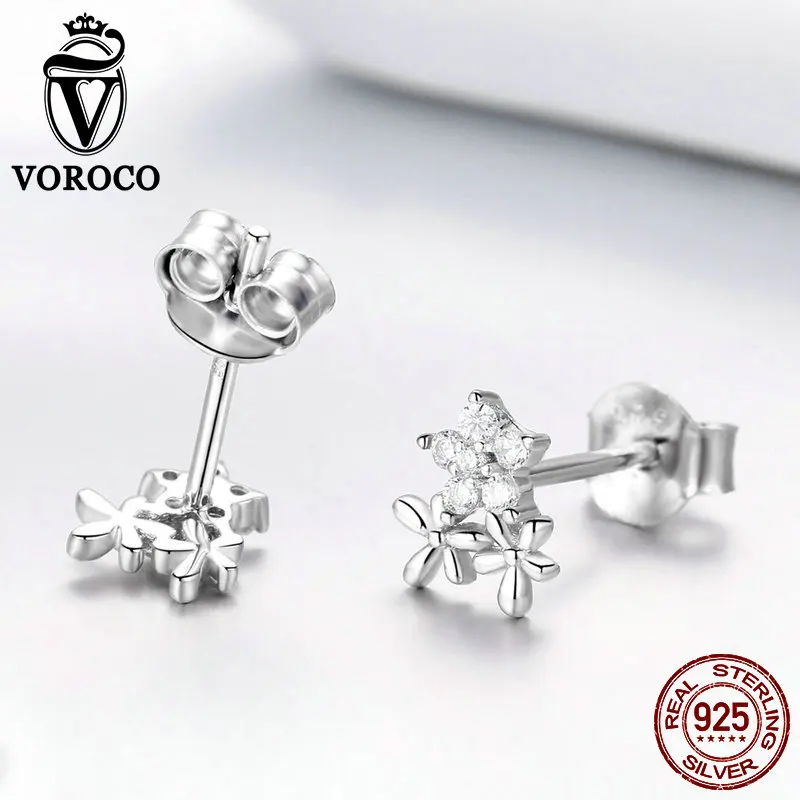 VOROCO 100% Настоящее серебро 925 пробы серьги гвоздики с цветком маленькие серебряные
