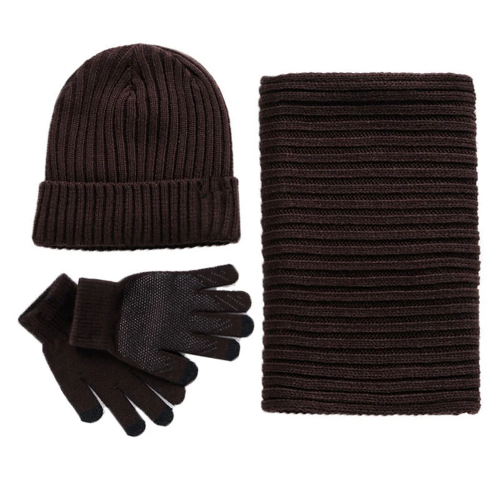 Winter Slouchy Beanie Pure Color Hat &amp Scarf Touchscreen Gloves Three-piece Set Autumn Fashion Warmer Unisex Cap |