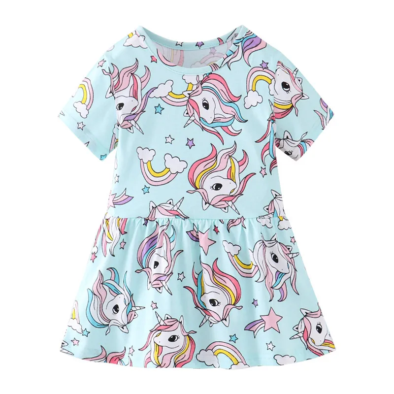T8039 UNICORN Прыжки метров; брендовый спортивный костюм принцессы платья с единорогами Одежда для маленьких девочек летние Животные с принтом хлопковые детские вечерние платья для девочек - Цвет: T8039 UNICORN