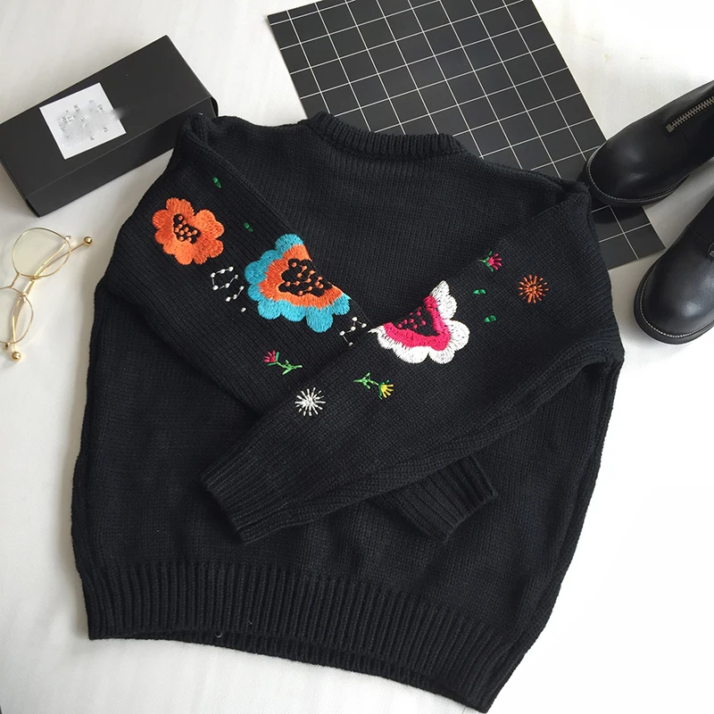Women Black Embroidery Floral Knitted Sweater Female Loose O-neck Comfortable 2021 Spring Autumn Warm Woman's | Женская одежда