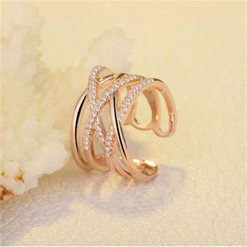 Rose Корейский стиль, 925 пробы, серебряные кольца, многослойная линия, вышитая крестом мозаика, циркониевые кольца для женщин, ювелирные изделия, S-R243 - Цвет камня: Rose