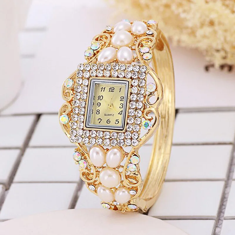 Золотой Жемчуг женские Модные Diamond Pearl браслет Таблица жемчуг K золотой браслет часы жемчужный браслет часы платье часы Для женщин - Цвет: Золотой
