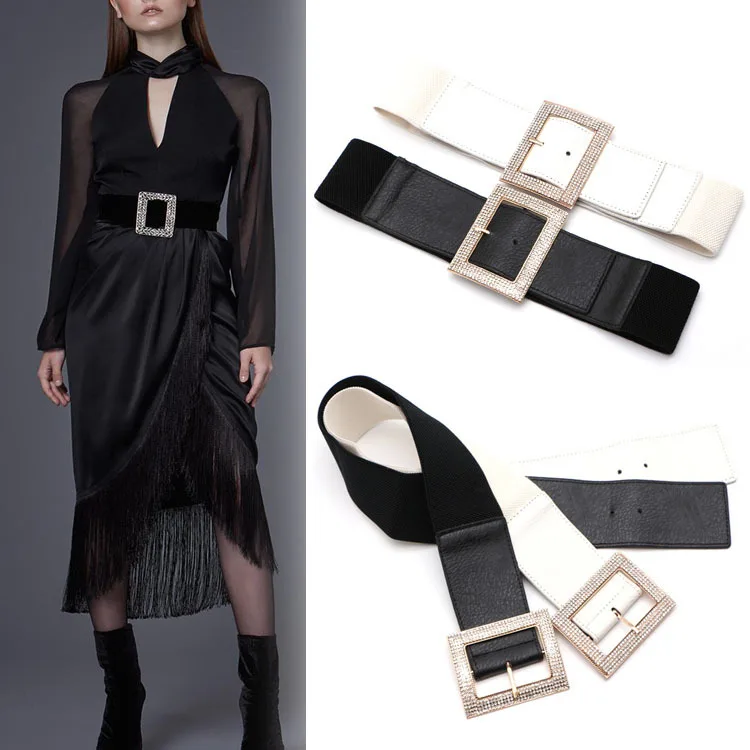 Модный женский пояс с блестящей инкрустированной пряжкой эластичный для платья
