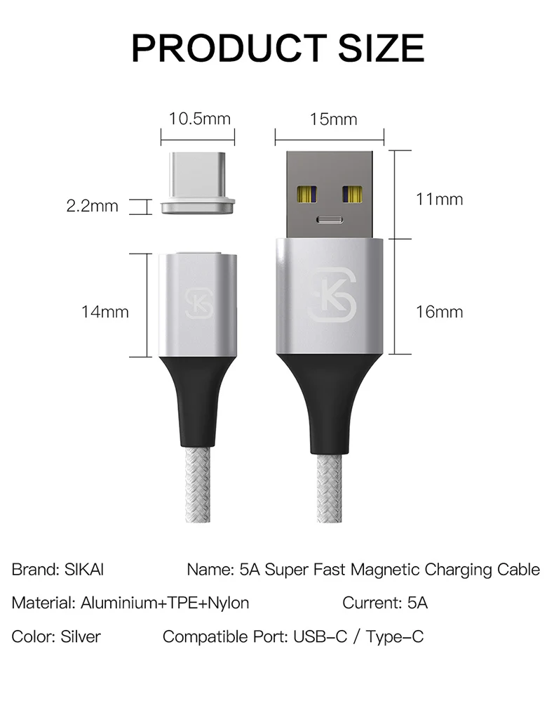 Магнитные Кабели usb type C 5A QC 4,0 супер быстрая зарядка для huawei P10 20 mate 20 pro honor 10 20 phone Data SIKAI серебристый черный