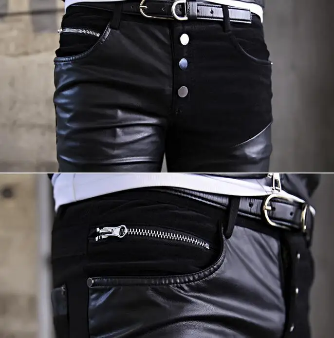 Splice personality fashion pu pants men leather trousers pantalones hombre cargo feet for pantalon homme black autumn | Мужская одежда
