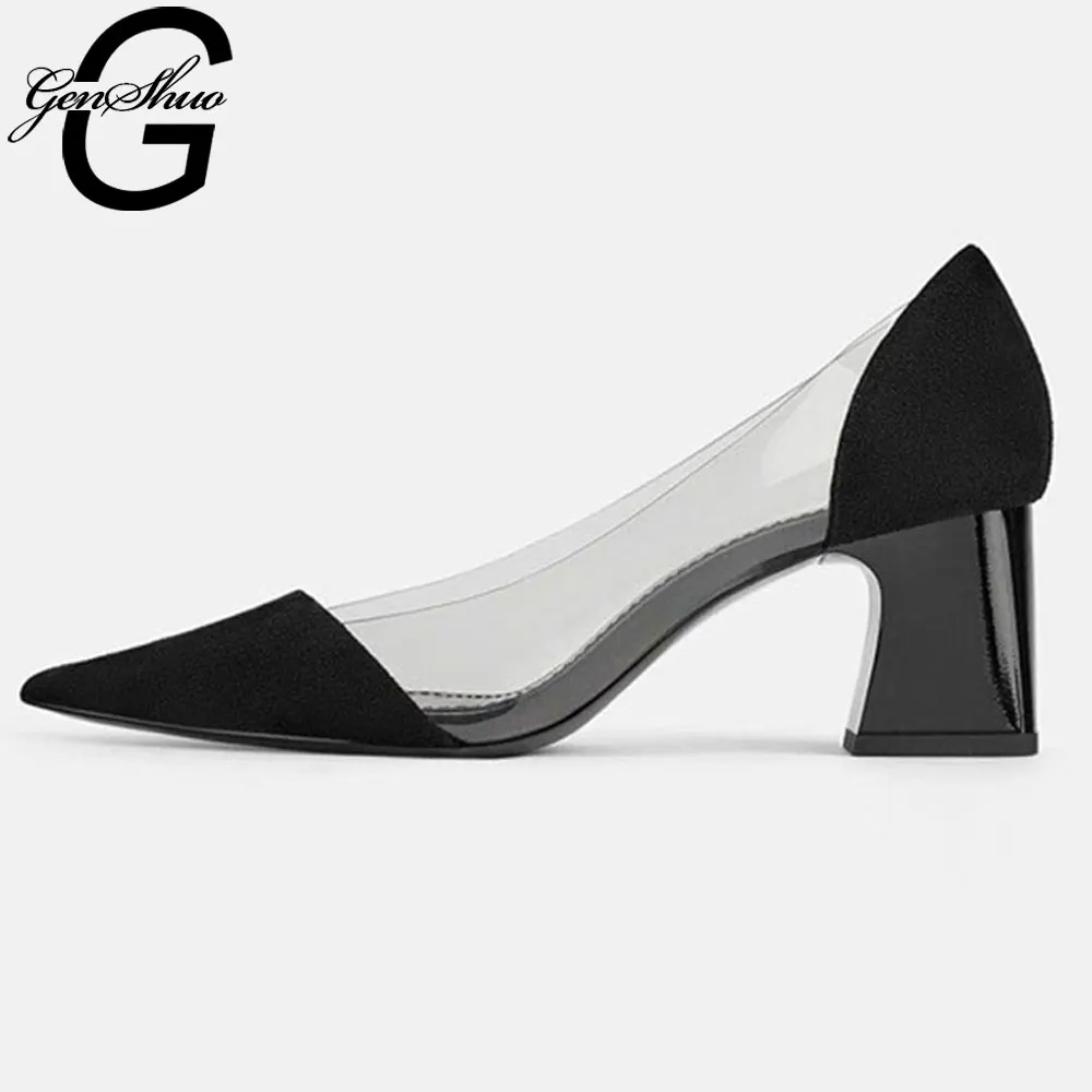 GENSHUO/простые черные офисные женские туфли; туфли-лодочки с закрытым носком; Модные прозрачные туфли с острым носком на высоком квадратном каблуке; женская обувь; пикантные туфли-лодочки