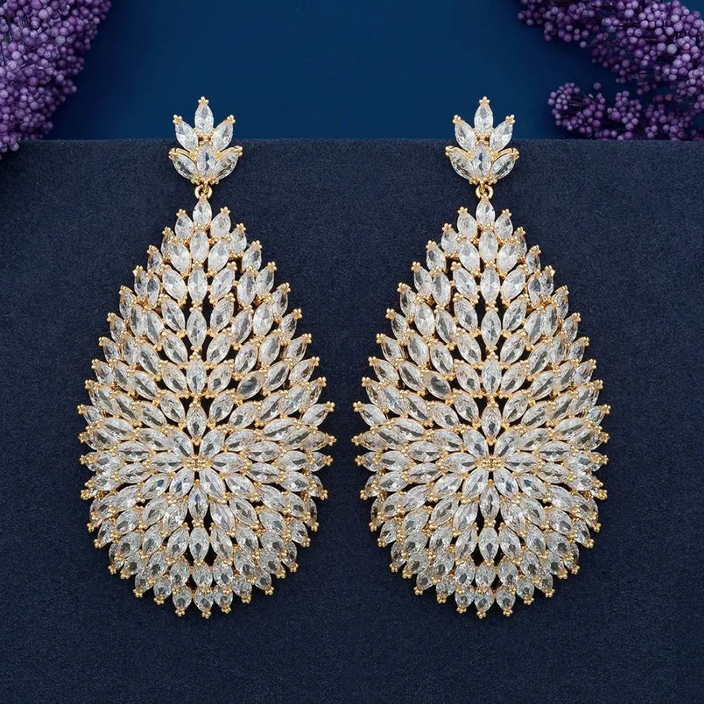ModemAngel High Quality Cubic Zirconia Stones Jewelry Gold Color Big Blooming CZ Earrings for Women Fashion | Украшения и