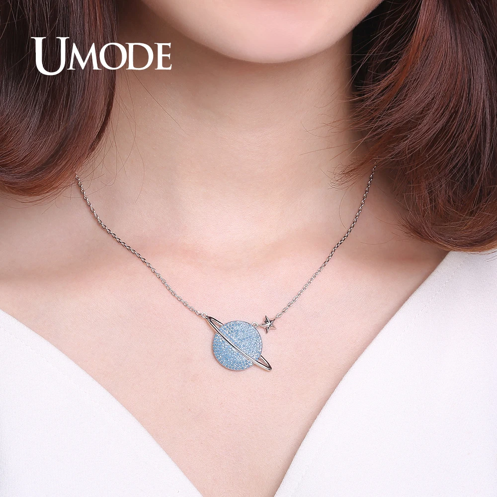 Ожерелье женское UMODE с круглой подвеской в виде озера синего кристалла планеты